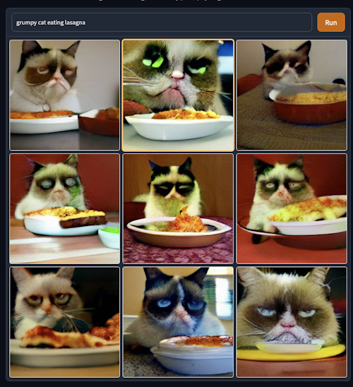 “Grumpy Cat eating lasagna.” The new Garfield, everyone. #dallemini